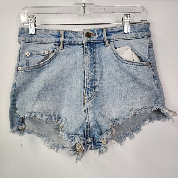 Zara High Rise Jean Shorts with Frayed Open Hem Distressed Light Wash Size 8 - Picture 5 of 14